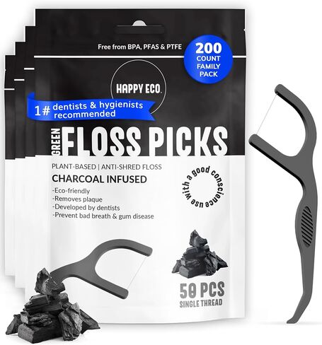Floss Picks Biodegradable (100pcs) - Natural Dental Floss Picks, Vegan, Sustainable, Reusable, Shred Resistant and Nontoxic Plant-Based Material - Single Thread Mint in Saudi Arabia