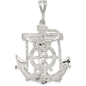 Solid 925 Sterling Silver Anchor Mariner Cross Pendant Charm - 55mm x 34mm