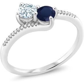 Gem Stone King 10K White Gold Forever United 2 Stone Sky Blue Aquamarine and Blue Sapphire and Diamond Engagement Ring For Women (0.77 Cttw, Round, Avaiable in Size 5,6,7,8,9)