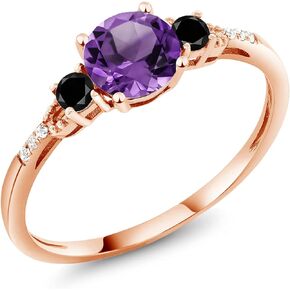 Gem Stone King 10K Rose Gold Purple Amethyst Black Diamond and White Diamond Accent 3-Stone Engagement Ring For Women (0.87 Cttw, Round 6MM, Gemstone February Birthstone, Available in Size 5,6,7,8,9)