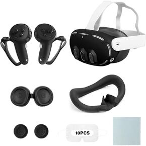MEGREZ VR Silicone Cover Set Compatible with Oculus/Meta Quest 3, Quest 3 Accessories Protective Cover Includes Face Cover, Headset Shell Cover, Protective Lens Cover, Controller Grips, Black