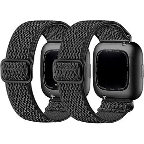 2 Pack Braided Stretchy Bands Compatible with Fitbit Versa 2 Band for Women Men, Soft Adjustable Nylon Breathable Sport Band for Versa/Versa 2/Versa Lite/SE