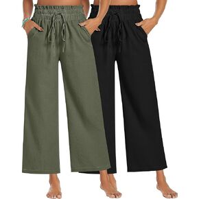 2 Pcs Women's Wide Leg Pants, Casual Linen High Waisted Cropped Trousers with Pockets Drawstring Loose Palazzo Pants