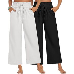 2 Pcs Women's Wide Leg Pants, Casual Linen High Waisted Cropped Trousers with Pockets Drawstring Loose Palazzo Pants