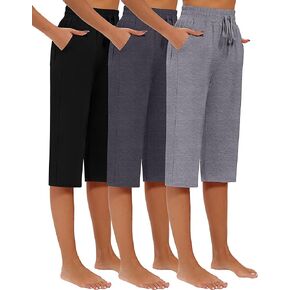 Riyiper 3 Pack Women Causal Capri Pants Drawstring Lounge Yoga Capri Sweatpants Loose Wide Leg Crop Trousers with Pockets
