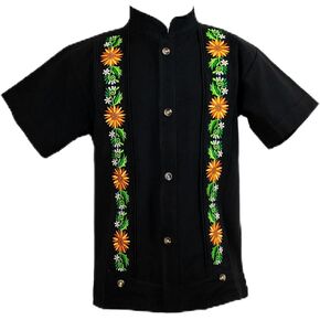 Authentic Boy's Mexican Guayabera (Button Down Shirt) : Sunflower Embroidered Design, Traditional Style, Sizes 0-8