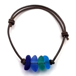 Updated YInahawaii Handmade leather cord unisex quad "Blue Hawaii" sea glass bracelet with chunky stones, Unique gift for him or her (Hawaii Gift Wrapped, Customizable Gift Message)