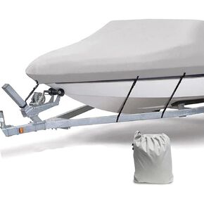 14-16ft Trailerable Heavy Duty Waterproof Boat Cover, 600D Marine Grade Polyester Canvas Boat Cover Fits Tri-Hull, V-Hull, Runabout, Fishing Boat with Carrying Bag Gray