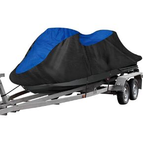 NIGOOLATA Jet Ski Cover 3 Seater Heavy Duty Waterproof 210D Trailerable PWC Jetski Cover for Sea-Doo Yamaha Wave Runner 136"-145" - Black with Blue