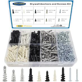 Drywall Anchors and Screws Kit, 320 PCS Self Drilling Wall Anchors and Screws for Drywall,Sheetrock,Hollow Door,Plaster Wall - Zinc Metal & Nylon Plastic Assortment, No Pilot Hole Required