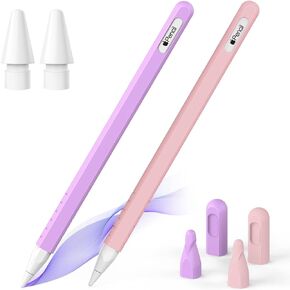 حافظة مكونة من عبوتين متوافقة مع Apple Pencil الجيل الثاني، ملحقات حافظة واقية لجهاز iPencil 2nd من السيليكون لجهاز iPad Pencil 2 Gen مع 2 أطراف بديلة لقلم الرصاص، غطاء 4 سن، وردي + أرجواني