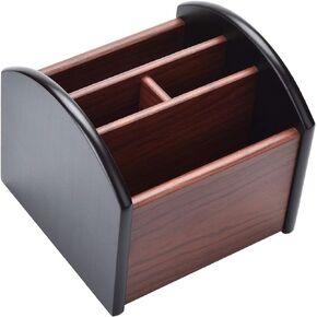 Siveit Wooden Desk Organizer, 4 Compartment Revolving Wood Desktop Organizer Office Supplies Rotating Remote Control Caddy Holder (Desk Organizer-4)