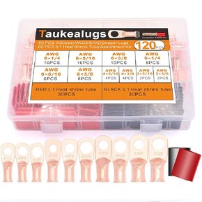 48PCS Battery Terminal Connectors Cable Ends,UL Listed AWG1/0 2/0 4/0 Crimp Copper Wire Ring lugs with Heat Shrink Tubing Assortment Kit