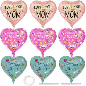 Happy Mothers Day Balloons, 18" Heart Shape Foil Love You Mom Balloons for Mother's Day Mom Birthday Party Decorations