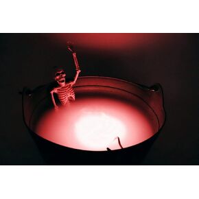 Fogging Black 14" Witch Cauldron with Skeleton Sauna and Red Fogger (w/multi-color options). Great for Halloween Decor, Trick or Treat Candy Bucket - Kettle Includes Handle - 14 Inch wide.