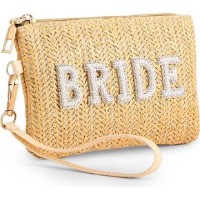 Shinylin Bride Straw Clutch Purse Pearl Rhinestone Wedding Straw Handbag Women's Bohemian Wristlet Purse for Honeymoon Bridal(Yellow)
