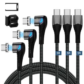 ZBF 100W USB C Magnetic Charging Cable, 2 in 1 Charger Cable for Lightning(3 Pack, 4/6.6/6.6FT) 480Mbps Data Transfer, 5A Fast Charging for iPhone 15,14,13 Pro Max, MacBook Pro,iPad,Galaxy S22,Pixel