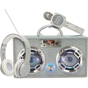 حزمة Wireless Express Bling - صندوق Boombox صغير LED مع راديو وبلوتوث - ميكروفون كاريوكي وسماعات فوق الأذن مع بلوتوث - حزمة سماعات ميكروفون الراديو in Kuwait