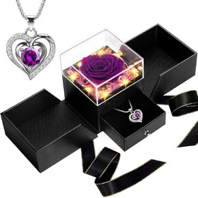 Mothers Day Rose Gifts for Mom, Preserved Purple Real Flower with Heart Necklace for Grandma, LED Light Mom Gifts from Daughter, Mother's Day Roses Gift Ideas for Wife, Birthday Gifts for Women Her