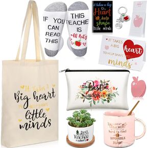 Jinei 12 Pcs Teacher Appreciation Gift Sets Best Teacher Ever Gifts Basket Notebook Cosmetic Bag Tote Bags Keychain Succulent Plant Pot Socks Card Coffee Mug for Women Thank You Teacher Gift
