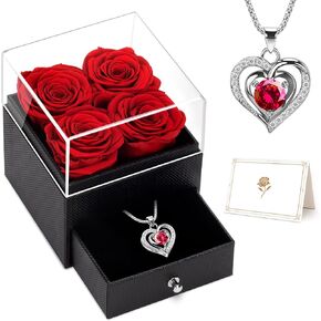 LACCHOUFEE Birthday Gifts for Women, Preserved Flowers 4 Rose Gift for Mom Wife Girlfriend, Jewelry Box with Necklace, Forever Rose for Mothers, Valentine, Anniversary, Christmas Day Gift (Blue)