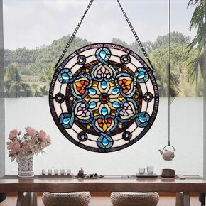 Stained Glass Window Hanging 12" Round Handicraft Red Rose Flower Glass Window Panel Tiffany Style Window Suncatcher Perfect Window Hangings Housewarming Gift (with Chain Hook)