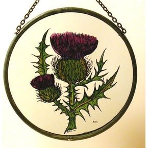 Decorative Hand Printed Stained Glass Window Sun Catcher/Roundel in a Scottish Thistle Design.
