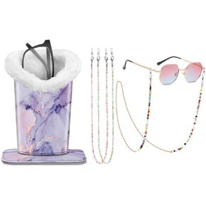 Fintie Plush Lined Eyeglasses Holder with Magnetic Base, Lilac Marble + 3 Pcs Eyeglasses Chains