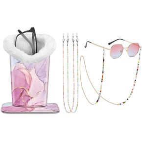 Fintie Plush Lined Eyeglasses Holder with Magnetic Base, Glittering Marble + 3 Pcs Eyeglasses Chains