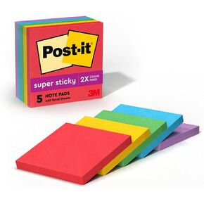 Post-it Super Sticky Notes, 3x3 in, 5 Pads, 2x the Sticking Power, Playful Primaries, Primary Colors (Red, Yellow, Green, Blue, Purple), Recyclable(654-6SSAN)