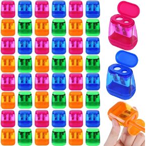 Aodaer 120 Pieces Mini Manual Dual Hole Pencil Sharpeners with Lids Small Handheld Pencil Sharpener Bulk for Back to School Supplies Crayon Students Office and Home