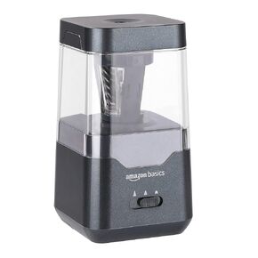 Amazon Basics Portable Electric Pencil Sharpener, Helical Blade, Auto Stop, Battery/USB Cord Operated, Black, 2.87 x 2.87 x 5.3 in