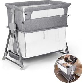 Cowiewie 3 in 1 Baby Bassinet Playpen Beside Sleeper Multifunctional Beside Bassinet with Game Mode for Baby Height-Adjustable (Grey)