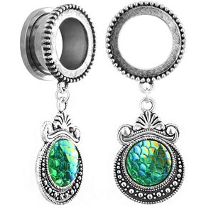 topbrighttrade Pair Ear Tunnel Plugs Green Fish Scale Dangle Ear Gauges Body Piercing Jewerly