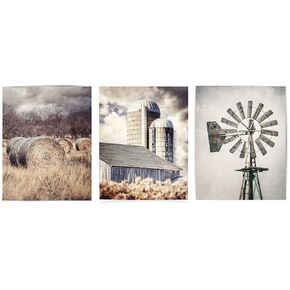 Farmhouse Wall Decor Rustic Barn Hay Windmill Photo Prints - Set of 3 - Not Framed - Beige, Grey, Tan (3 SMALL 5x7 Prints Only)