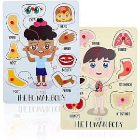 Blue Panda 2 Pack Educational Wood Peg Anatomy Puzzle Toys for Kids Game, Human Body Parts
