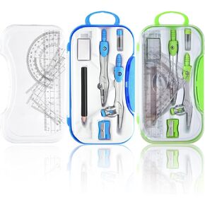 Coopay 2 Sets Math Geometry Kit, 10 Pieces Student Supplies Per Set Includes Ruler, Triangles, Protractor, Compass, Eraser, Pencil Sharpener, Lead Refills, Pencil, for Drafting and Drawings