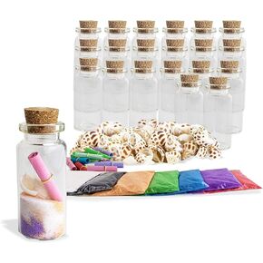 Upper Midland Products Sand Art Wishing Bottles, Bulk Sand Art She Shell Set, 20 Glass Bottles, 50 Seashells, 7 Color Sand, 20 Letter Paper, 3 funnels