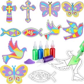 24 Set Easter Sand Art Crafts for Kids Religious Sand Art Kits Christian Craft Cross Kit Religious Painting for Sunday School Classroom Fun Home Creative Activities