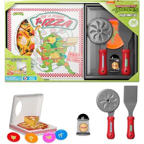 Kids Pizza Toy Set, Pretend Kitchen Play Food, Slice & Serve Toy Pizza with Box, Pie Cutter & Fake Condiments