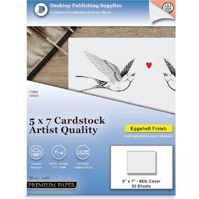 5" x 7" Cardstock - White Artist Eggshell Finish - 65lb Cover (177 gsm) - (50 Sheets) - Works on Inkjet or Laser Printers - Great for Cards, Menu's, Posters, Covers