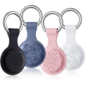 Lerobo Flower Engraved 4 Pack for Airtag Holder,Silicone Airtag case Compatible with Apple Air Tag Case with Keychain, Shockproof & Dustproof Airtag Holders for Pet Tracking, Bags, Kids, Keys, Luggage