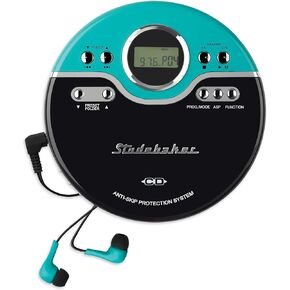 Studebaker Blue Retro Portable CD Player | CD-R/RW MP3 Playback | Programmable Personal CD Player | Anti-Skip | FM Radio | Mega Bass Boost | Sport Earbuds (Vintage Blue)