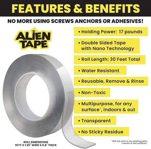 أشرطة لاصقة من ALIEN TAPE، 6 بكرات بطول 10 أقدام، قابلة لإعادة الاستخدام، شفافة، مزدوجة الجوانب، للاستخدام الداخلي والخارجي، متعددة الأغراض، تقنية Nano-Grip، 60 قدمًا، مقاومة للماء، أكريليك in Saudi Arabia