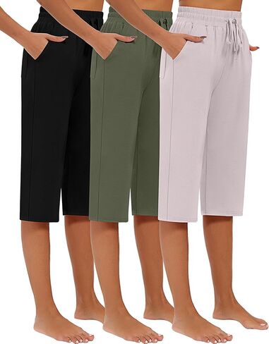 Riyiper 3 Pack Women Causal Capri Pants Drawstring Lounge Yoga Capri Sweatpants Loose Wide Leg Crop Trousers with Pockets in Kuwait