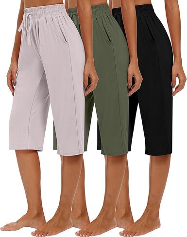 Riyiper 3 Pack Women Causal Capri Pants Drawstring Lounge Yoga Capri Sweatpants Loose Wide Leg Crop Trousers with Pockets in Kuwait