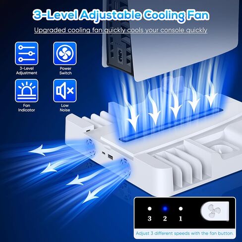 حامل مع محطة تبريد للقرص النحيف PS5 / PS5 ووحدة التحكم الرقمية، ومحطة شحن سريعة لجهاز DualSense وجهاز التحكم Edge، ومروحة تبريد 3 مستويات لجهاز Playsation 5، وحامل سماعة الرأس، و8 فتحات للألعاب in Kuwait