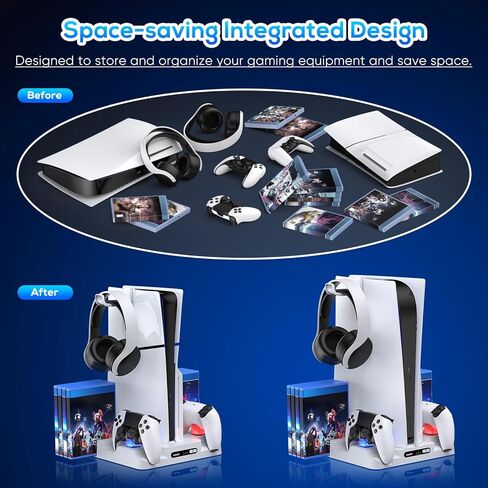 حامل مع محطة تبريد للقرص النحيف PS5 / PS5 ووحدة التحكم الرقمية، ومحطة شحن سريعة لجهاز DualSense وجهاز التحكم Edge، ومروحة تبريد 3 مستويات لجهاز Playsation 5، وحامل سماعة الرأس، و8 فتحات للألعاب in Kuwait