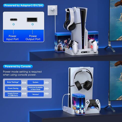 حامل مع محطة تبريد للقرص النحيف PS5 / PS5 ووحدة التحكم الرقمية، ومحطة شحن سريعة لجهاز DualSense وجهاز التحكم Edge، ومروحة تبريد 3 مستويات لجهاز Playsation 5، وحامل سماعة الرأس، و8 فتحات للألعاب in Kuwait