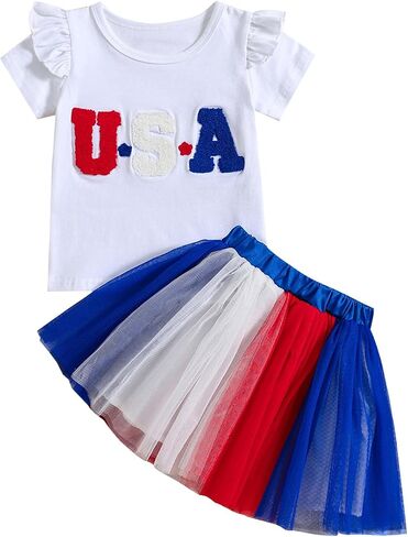 Xiaodriceee Toddler Girl 4th of July Outfit USA Short Sleeve T-shirt Star Tulle Skirts Little Girls Clothes Fourth Of July in Saudi Arabia